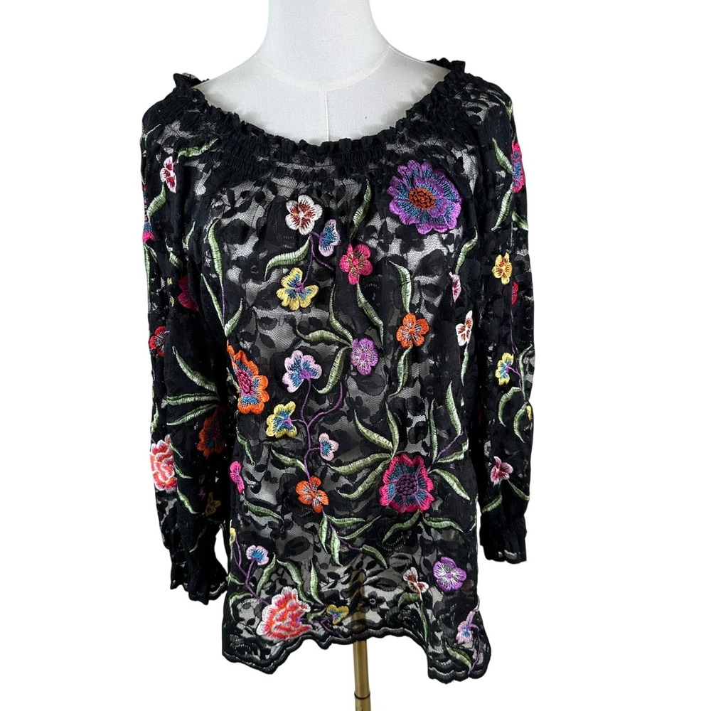 PONG Embroidered Lace Top Womens M Black Floral Mesh Blouse Boho Cottagecore